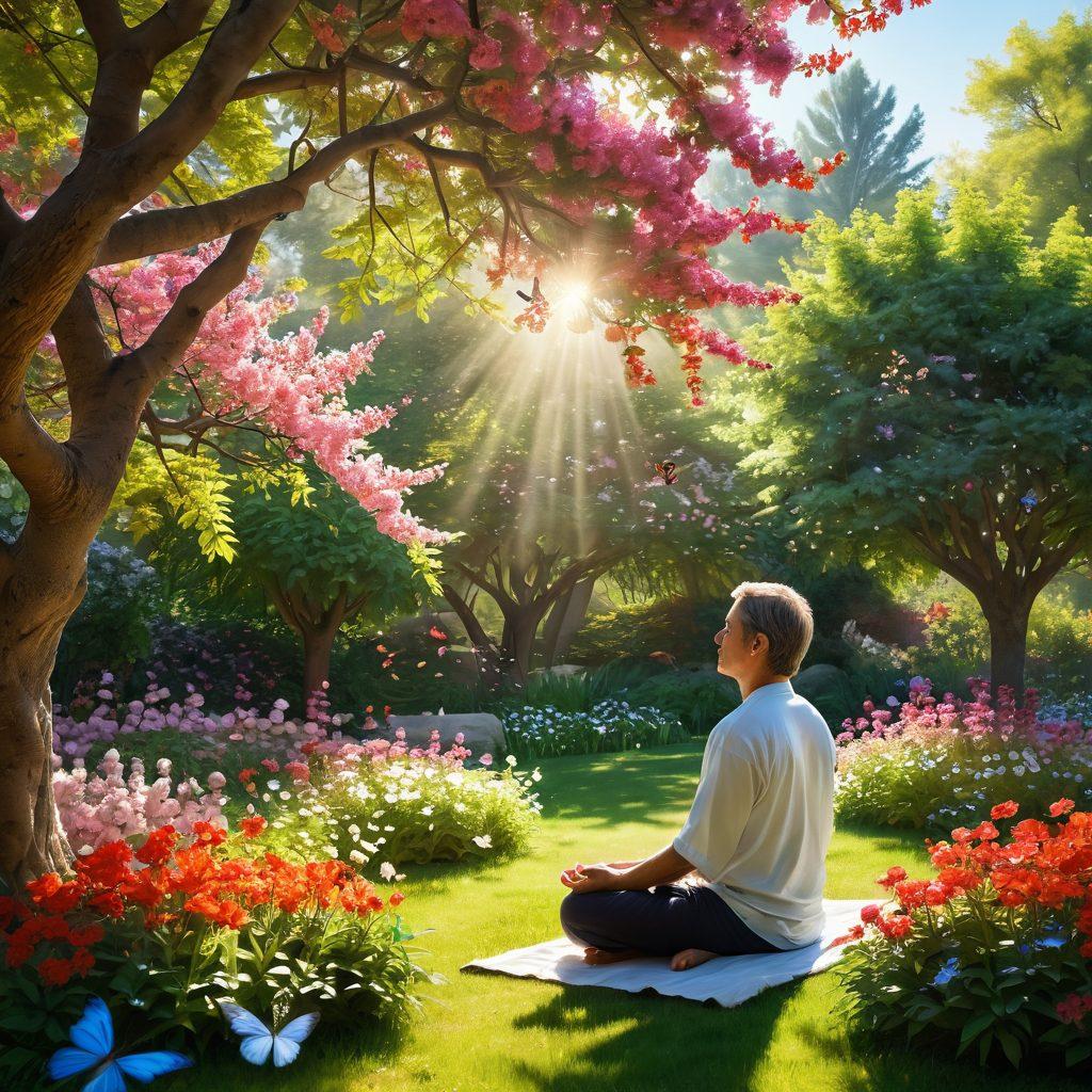 A serene garden filled with vibrant flowers in full bloom, a person meditating peacefully under a blossoming tree, rays of sunlight streaming through the leaves creating a warm atmosphere, butterflies flitting about, and a gentle breeze rustling the petals. The scene embodies tranquility, joy, and the essence of blissful living. super-realistic. vibrant colors. soft focus.