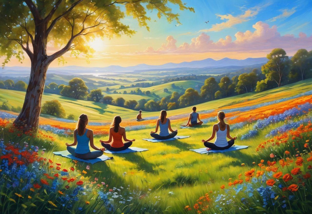 A serene landscape depicting a sunlit meadow filled with colorful wildflowers and gentle rolling hills, where a diverse group of joyful people are engaging in various activities like yoga, painting, and laughing together. The backdrop features a clear blue sky and vibrant greenery, symbolizing the essence of blissful living. Emphasize the feeling of happiness, community, and connection to nature. soft painting. vibrant colors. warm sunlight.