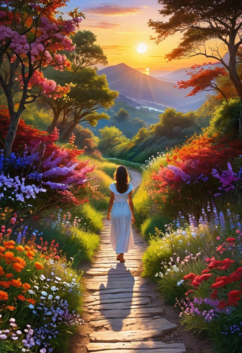 A serene and vibrant landscape symbolizing transformation, featuring a winding path lined with blooming flowers, a glowing sunrise in the background casting warm colors, and a joyful figure walking joyfully along the path, arms outstretched towards the sky. super-realistic. vibrant colors. uplifting atmosphere.